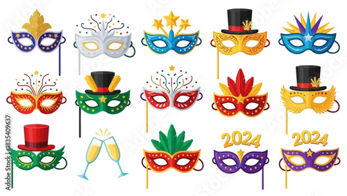 Festive vector illustration featuring a collection of colorful carnival masks on sticks