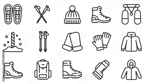 Minimal line illustrations of winter apparel and camping accessories for hiking, trekking, and adventure travel designs.