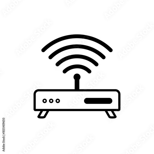 Line icon of a wireless router with signal waves, symbolizing Wi-Fi connection, internet, network, and technology.
