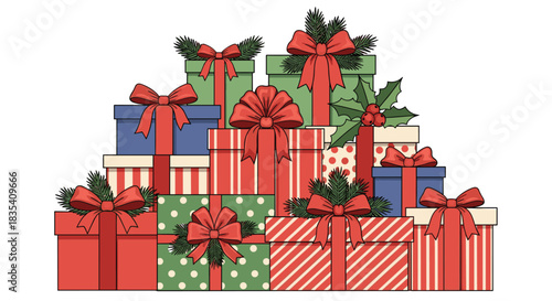 Charming festive gift pile conveys the joy of the season, perfect for holiday cards, marketing, and heartwarming designs this Christmas