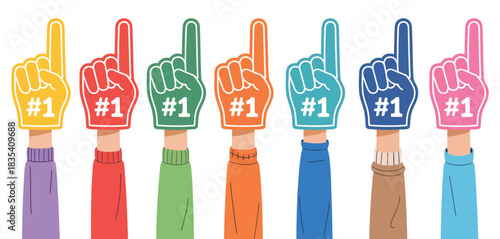 Fan Foam Fingers Hands Up Illustration Featuring Number One Gestures in Vibrant Colors Presented as Bold Vector Elements for Cheering, Team Spirit, Victory Celebration, and Sports Graphics Projects