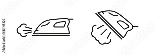 Steam iron icons emitting vapor. Black and white line style. Horizontal and tilted positions for garment care concepts.