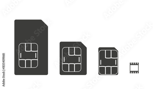 Evolution of SIM card formats: Standard, Micro, Nano, and Embedded (eSIM) with visible contact areas.