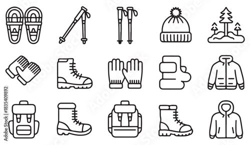 Winter hiking and outdoor gear line icons including boots, gloves, hats, backpacks, jackets, and trekking poles for adventure illustrations.