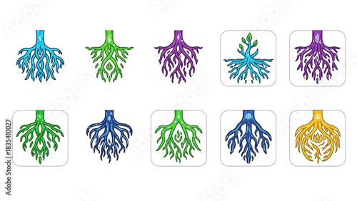 Collection of Colorful Tree Root Icons Representing Growth and Interconnectivity