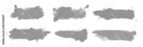 Abstract black halftone blot shapes arranged in grid, ideal for modern design, texture, or pattern use.