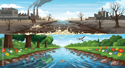 Stark contrast shows devastating industrial pollution versus vibrant restored nature and clean flowing water