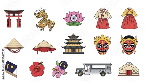 Collection of Asian cultural symbols and landmarks representing diverse countries and traditions