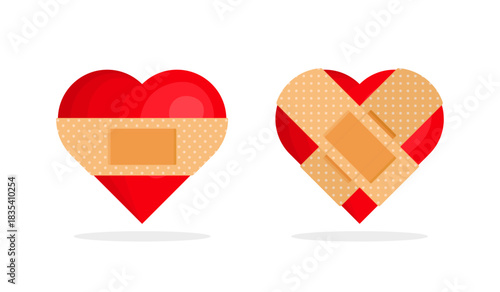 Two red hearts with bandages symbolize emotional healing—one lightly patched, the other heavily mended.