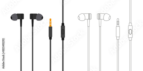 Pair of wired in-ear headphones shown in full color and matching outline schematic, with inline control and 3.5mm jack.