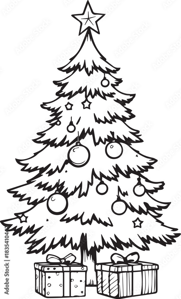 Obraz premium Decorated Christmas tree with star, ornaments, and gift boxes in black line art for holiday themes