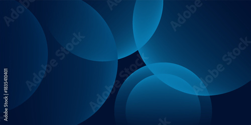 Dark blue abstract background with shiny geometric shape graphic. Modern blue gradient circles. Dynamic shapes. Horizontal banner template.