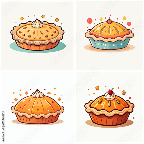 Delicious baked pies collection in vector style with flaky crusts and sweet fillings on white backgrounds for various culinary designs