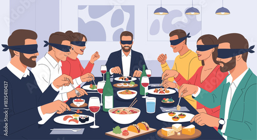 Friends enjoying a thrilling blindfolded tasting dinner party with diverse gourmet food and wine