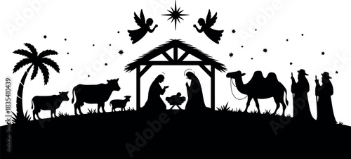 Black silhouette depicts the birth of Jesus with Mary, Joseph, animals and angels