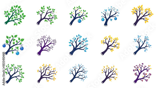 Diverse tree logo collection representing nature's beauty and seasonal changes, ideal for branding