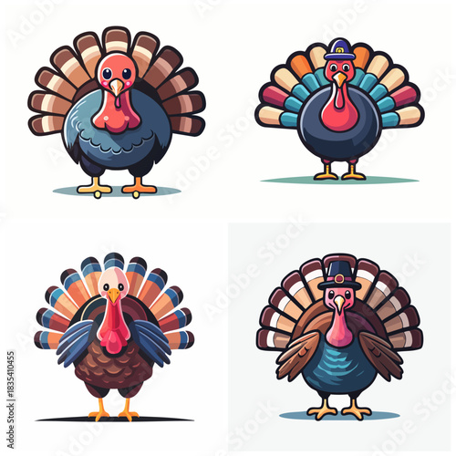 Cartoon turkey illustrations in various poses with vibrant feather displays ideal for holiday designs and festive visual content