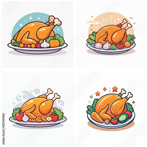 Roasted chicken cartoon illustrations platter with vegetables and herbs food imagery culinary designs