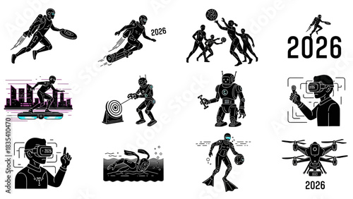 Illustration of Futuristic Sports and Technology in 2026 with Drones, Robots and Virtual Reality