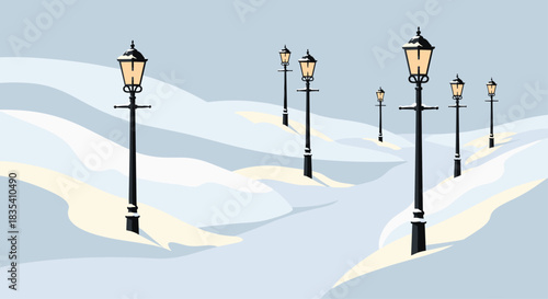 Eerie vintage street lamps glowing warmly amidst deep, undulating winter snowdrifts on a cold day