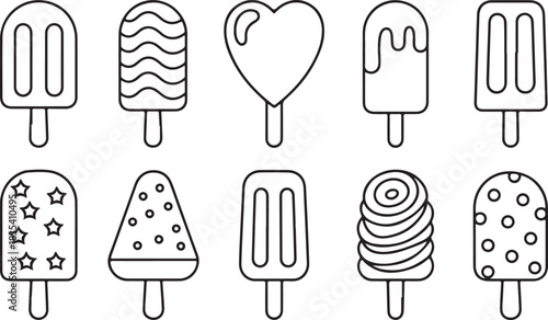 Various outlined ice cream bar shapes line up perfectly on the transparent background