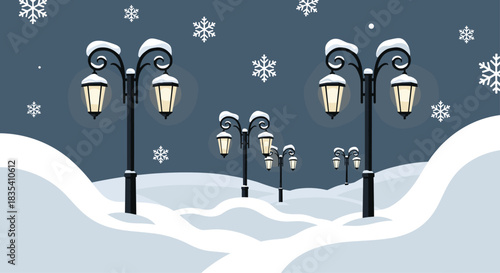 Charming winter night scene with glowing street lamps illuminating heavy snowdrifts and falling snowflakes