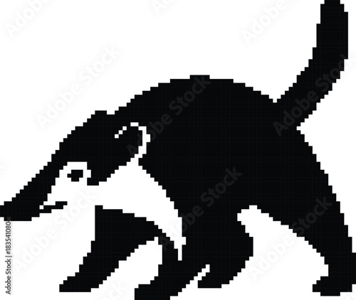 Pixelated black cat in a hissing pose kitten feline, Pixel style angry cat silhouette illustration
