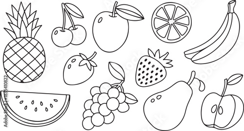 Collection of fruit outlines include pineapple, apple, banana, orange, pear, grapes and watermelon on white