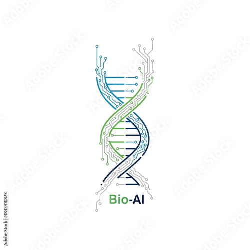 Futuristic DNA helix blended with digital circuit board patterns, representing bio-AI integration.