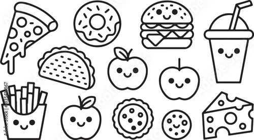 Outlined cartoon food icons feature pizza, donut, burger, taco, apple, cheese, and soda