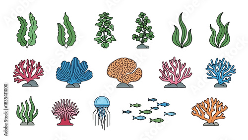 Detailed Cartoon Underwater Ecosystem Elements for Design and Decoration Purposes Depicting