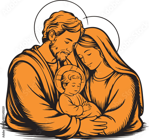 The Holy Family depicted together with baby Jesus in golden hues shares a peaceful moment