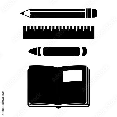 Versatile graphic silhouettes of essential school and office supplies, featuring a pencil, ruler, crayon, and open notebook, ideal for education and creative design themes