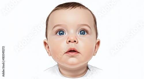 Close up portrait of a cute baby with bright blue eyes and soft brown hair looking upwards with a curious expression, illustration