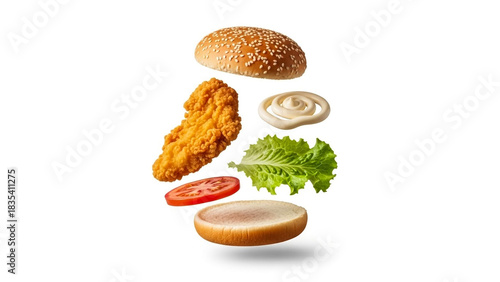 Chicken sandwich ingredients exploded view isolated on white background food