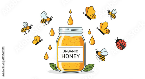 Charming organic honey jar surrounded by cheerful bees butterflies and ladybug drops falling