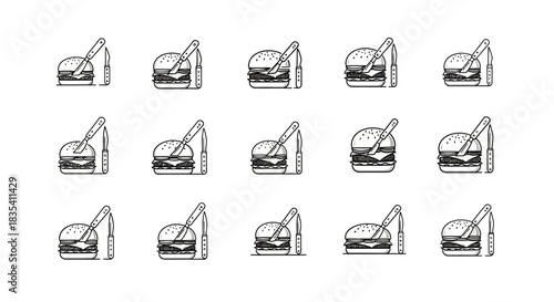Collection of burger illustrations with knife food preparation culinary icon style