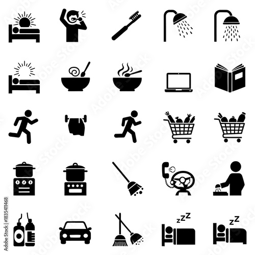 Daily Routine Activities Icons Set Waking Up, Hygiene, Breakfast, Work, Errands