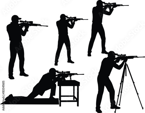 Set of Five Rifle Shooter Silhouettes in Various Poses: Standing, Kneeling, Prone, and Supported, Representing Sport Shooting, Marksmanship, Military, and Tactical Training Vector.