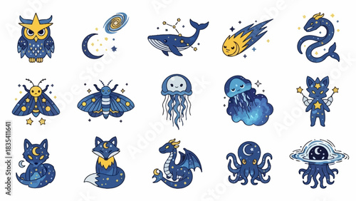 Celestial Animals and Mythical Creatures Set in Cartoon Style with Stars and Moons for children