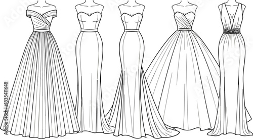 Set of Five Elegant Women's Evening Gowns, Flat Sketch Technical Drawings for Fashion Design, Featuring Various Necklines, Silhouettes, and Formal Wear Styles Vector.