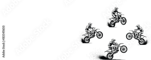 Set of Four Motocross Riders Performing Jumps and Wheelies on Dirt Bikes, Dynamic Action Sport Vector Illustration for Racing Events, Extreme Sports, and Off-Road Adventure.