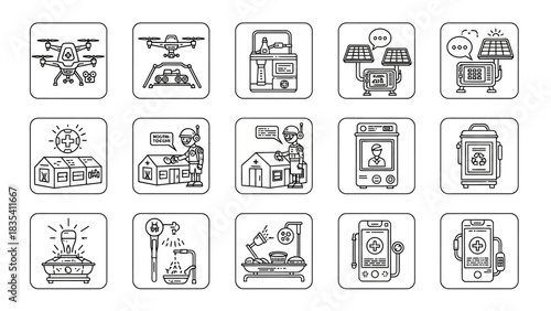 Futuristic medical technology icons representing healthcare advancements and innovation line art