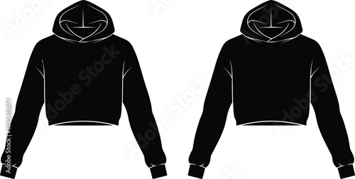 Technical Drawing of a Women's Cropped Hoodie Sweatshirt Vector Illustration, Front and Back Flat Sketch with Dropped Puff Sleeves for Fashion Apparel Design and Production,