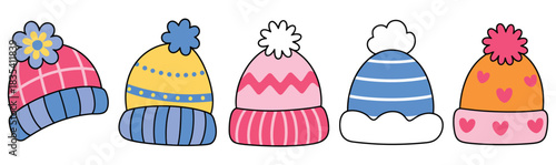 Set of winter hats, vector clip art in flat style, featuring cozy winter accessories, isolated on white background for seasonal fashion, digital illustrations