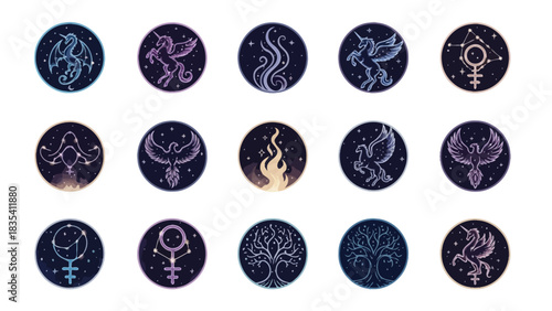 Celestial symbols and astrological signs depicting zodiacs and mythical creatures isolated on white