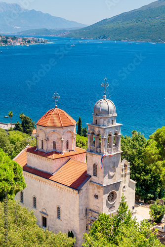 Savina Monestary overlooking the bay of Kotor, Herceg Novi. UNESCO Natural and Culturo-Historical Region. Montenegro. Vertical view.
