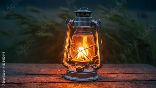 Vintage kerosene lantern glowing warmly on a rustic wooden table at dusk.