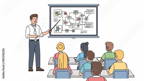 A man presents a complex diagram on a projector screen to a group of students in a classroom setting.