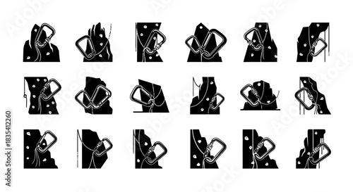 Silhouette set of climbing holds and carabiners isolated on white background illustrations